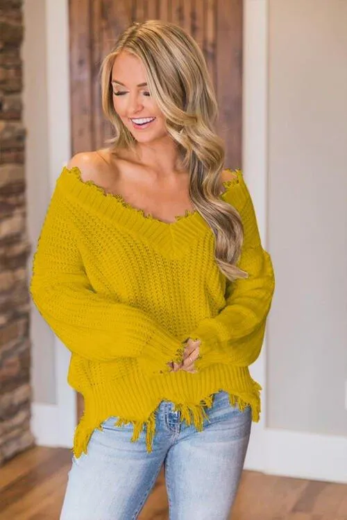 Joyous Frayed Dropped Shoulder Sweater