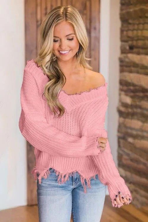 Joyous Frayed Dropped Shoulder Sweater