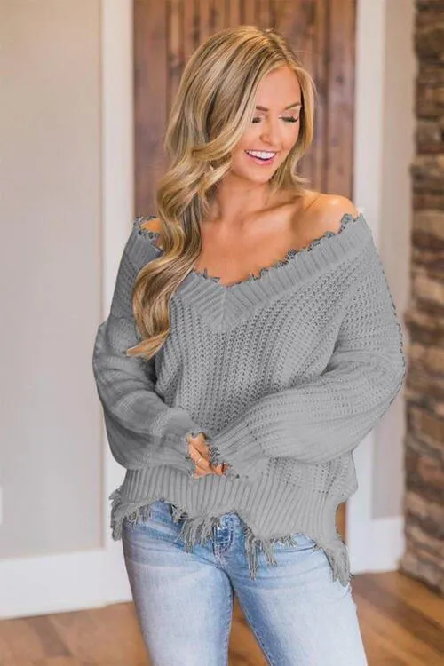 Joyous Frayed Dropped Shoulder Sweater