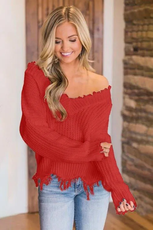 Joyous Frayed Dropped Shoulder Sweater
