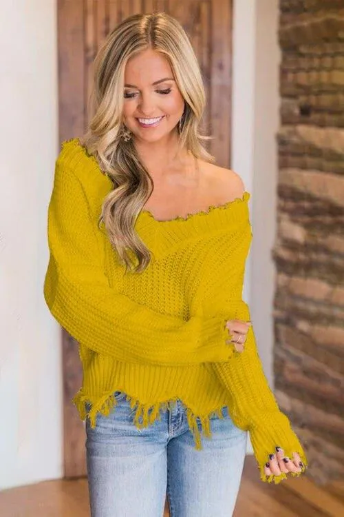 Joyous Frayed Dropped Shoulder Sweater