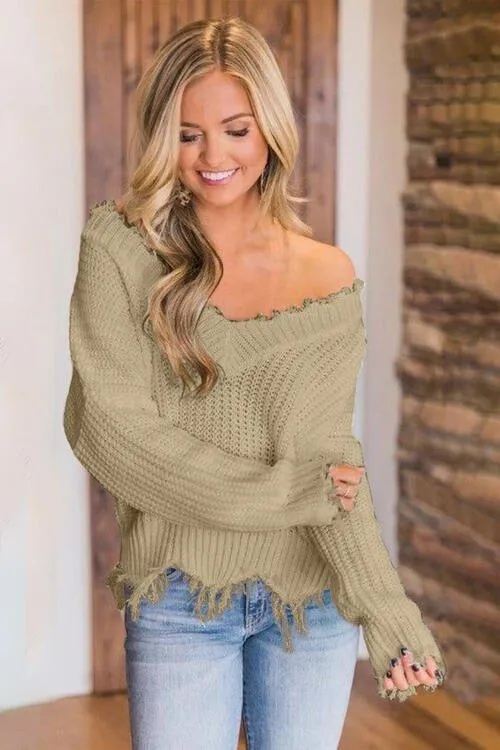 Joyous Frayed Dropped Shoulder Sweater