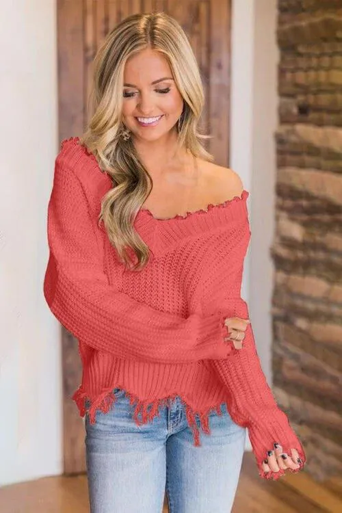 Joyous Frayed Dropped Shoulder Sweater
