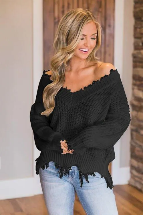 Joyous Frayed Dropped Shoulder Sweater