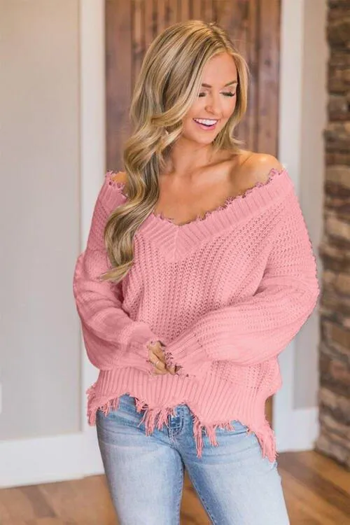 Joyous Frayed Dropped Shoulder Sweater