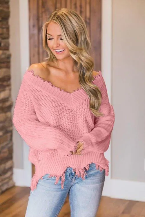 Joyous Frayed Dropped Shoulder Sweater