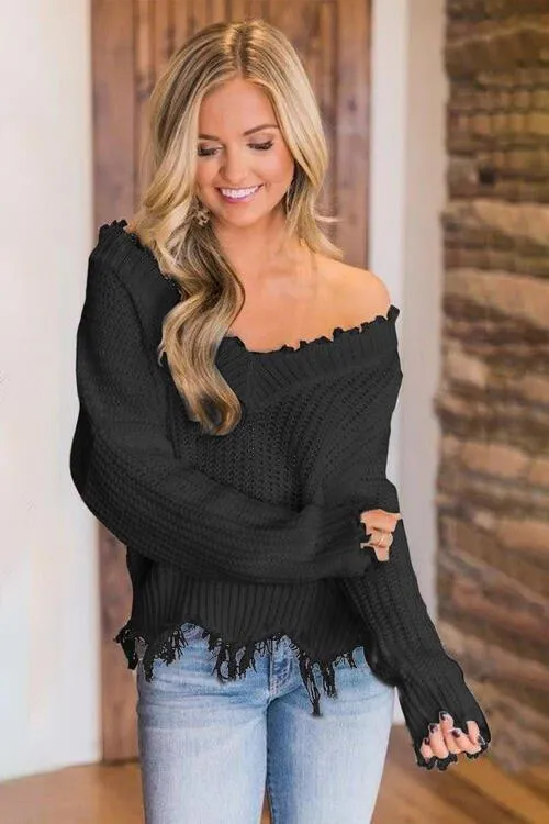 Joyous Frayed Dropped Shoulder Sweater