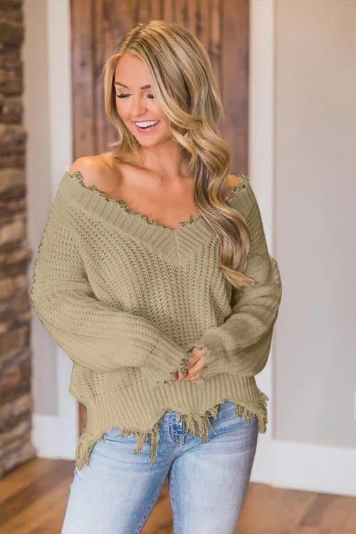 Joyous Frayed Dropped Shoulder Sweater