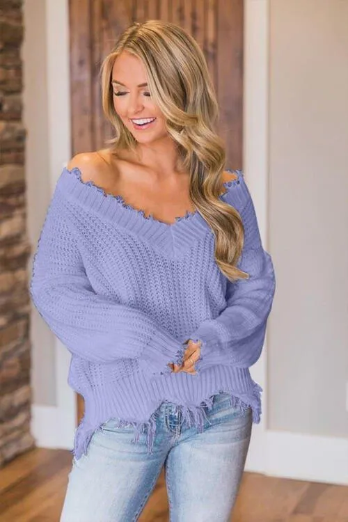 Joyous Frayed Dropped Shoulder Sweater