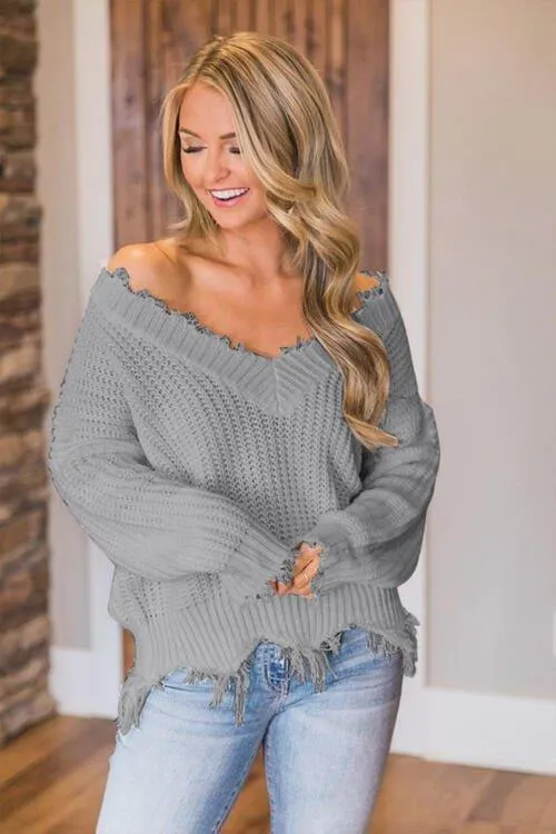Joyous Frayed Dropped Shoulder Sweater