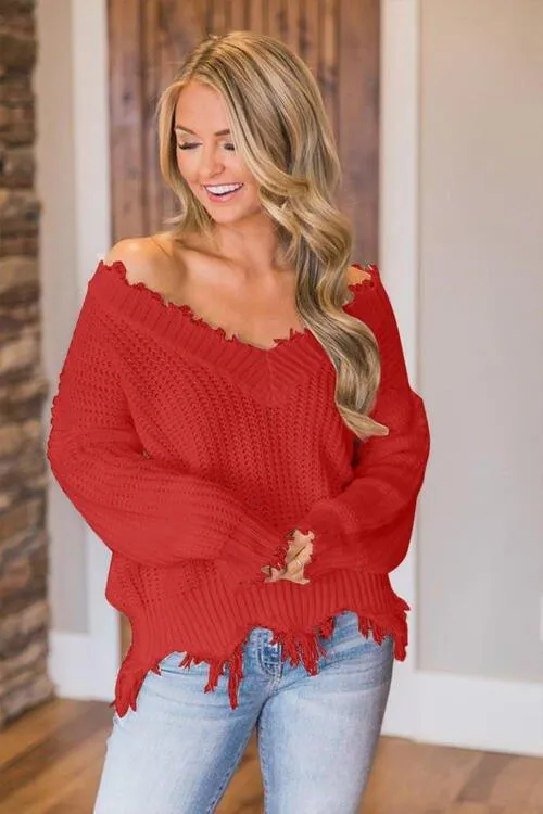 Joyous Frayed Dropped Shoulder Sweater