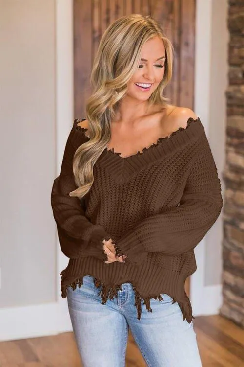 Joyous Frayed Dropped Shoulder Sweater