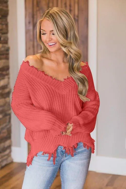 Joyous Frayed Dropped Shoulder Sweater