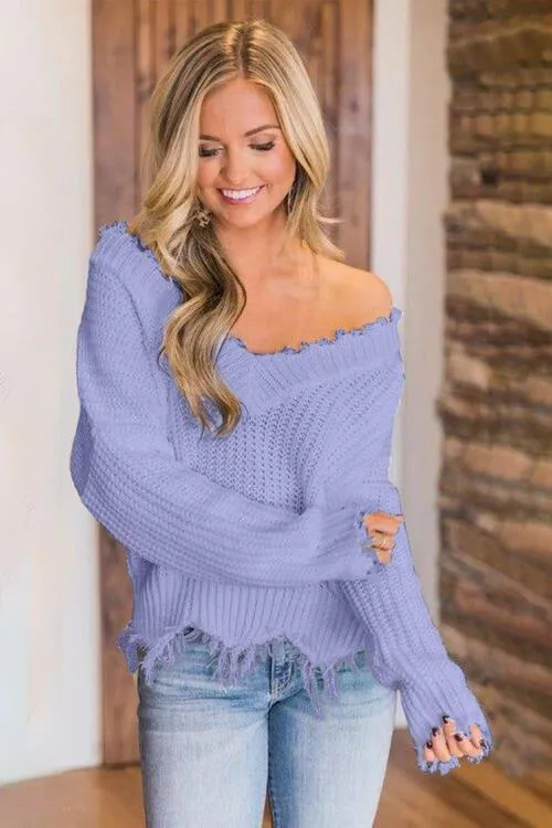 Joyous Frayed Dropped Shoulder Sweater