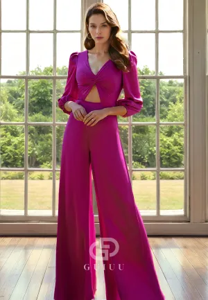 Jumpsuit A-Line V Neck 34 Length Sleeves Pleated Back Zipper Mother of Bride Dress