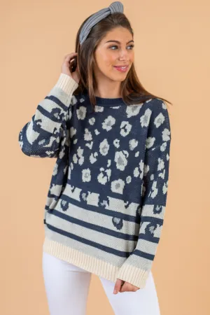 Just For Today Navy Blue Leopard Sweater
