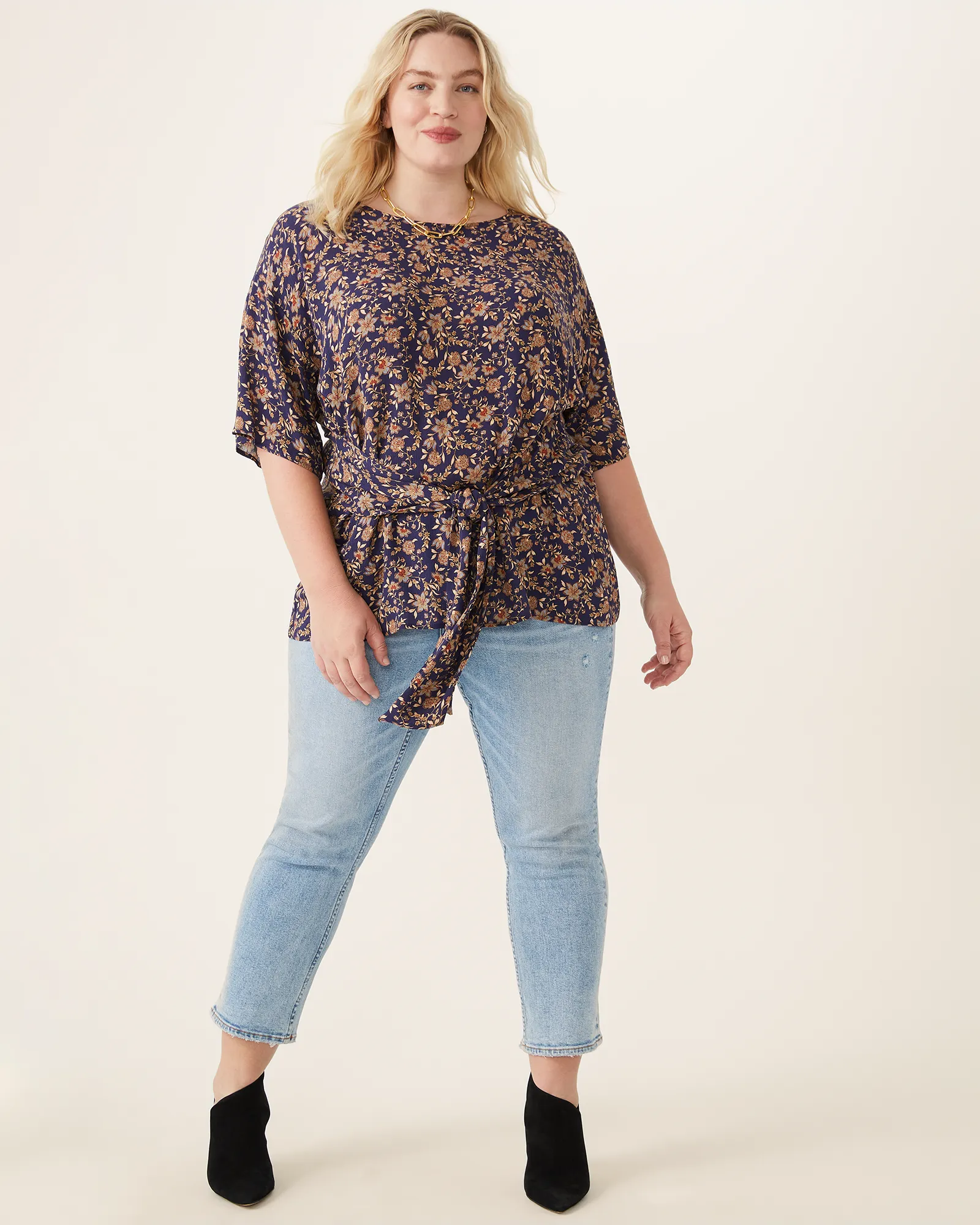 Kara Tie-Front Top | Navy / Yellow