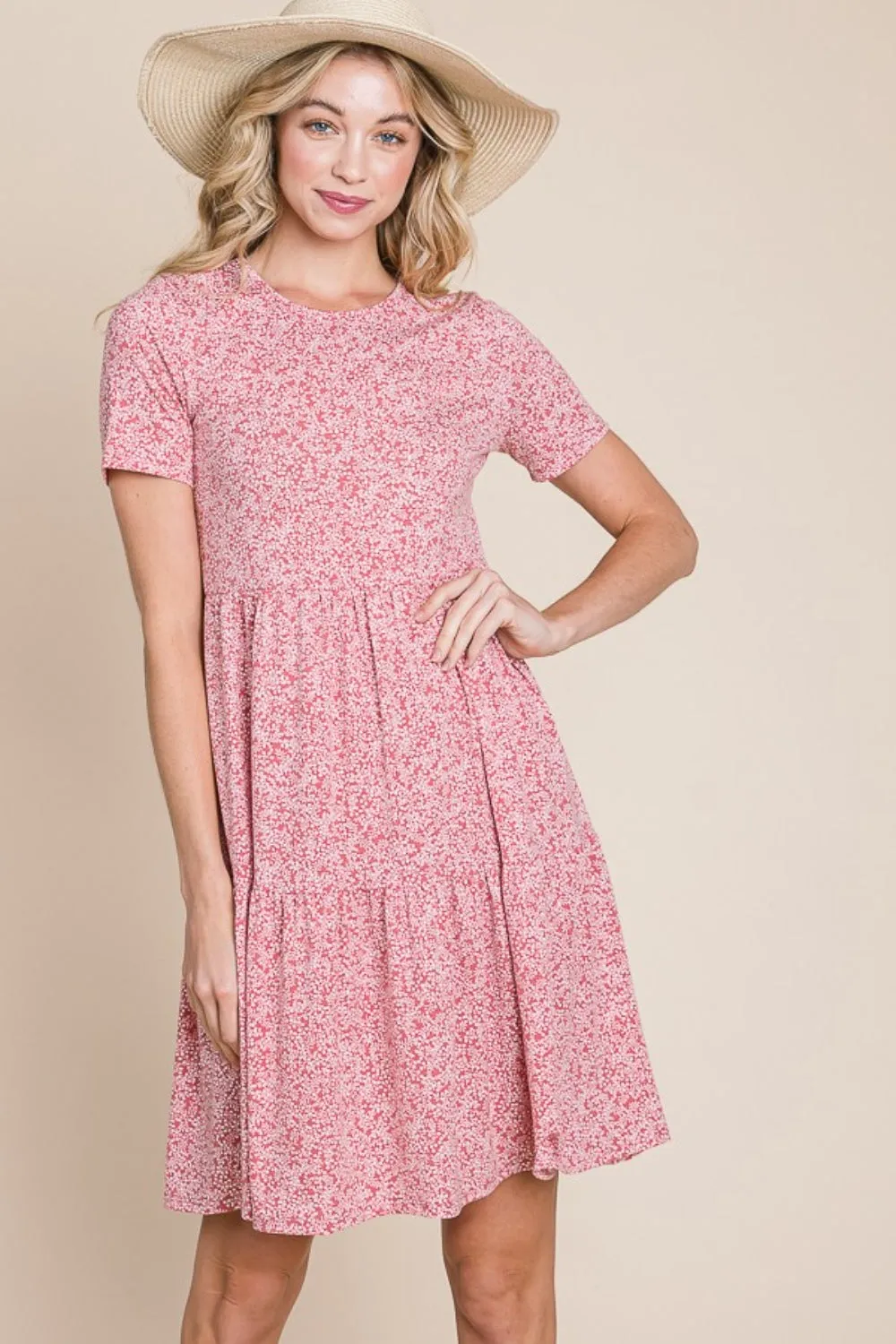 KESLEY Pink Printed Short Sleeve Mini Dress Casual Women's Clothing