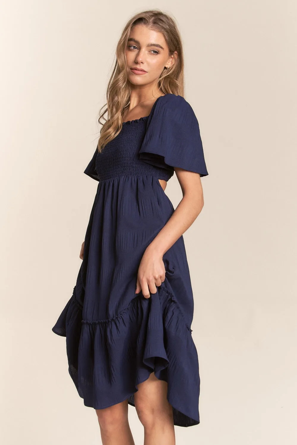 KESLEY Smocked Bow Back Ruffle Hem Casual Short Sleeve Dress