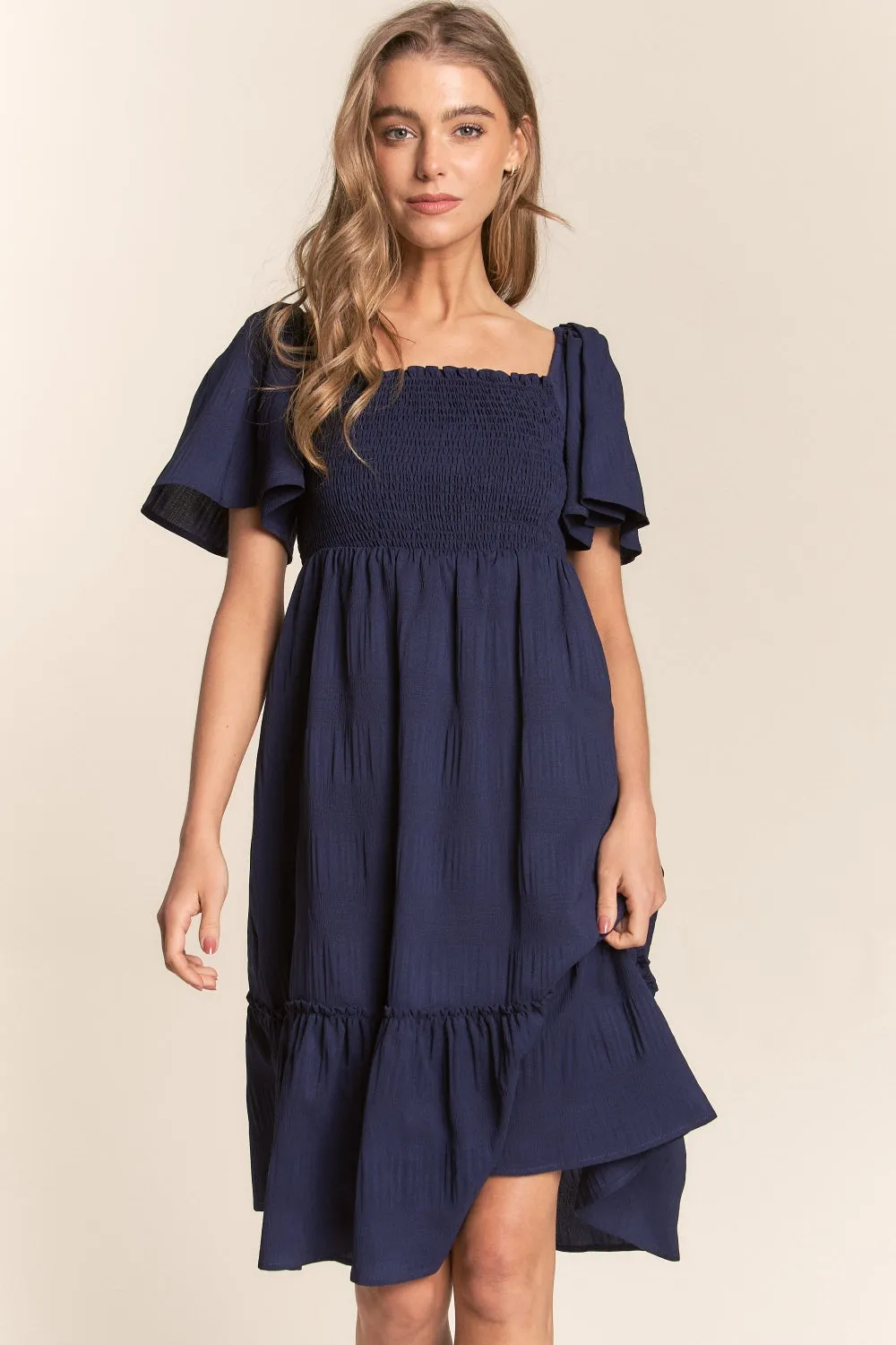 KESLEY Smocked Bow Back Ruffle Hem Casual Short Sleeve Dress
