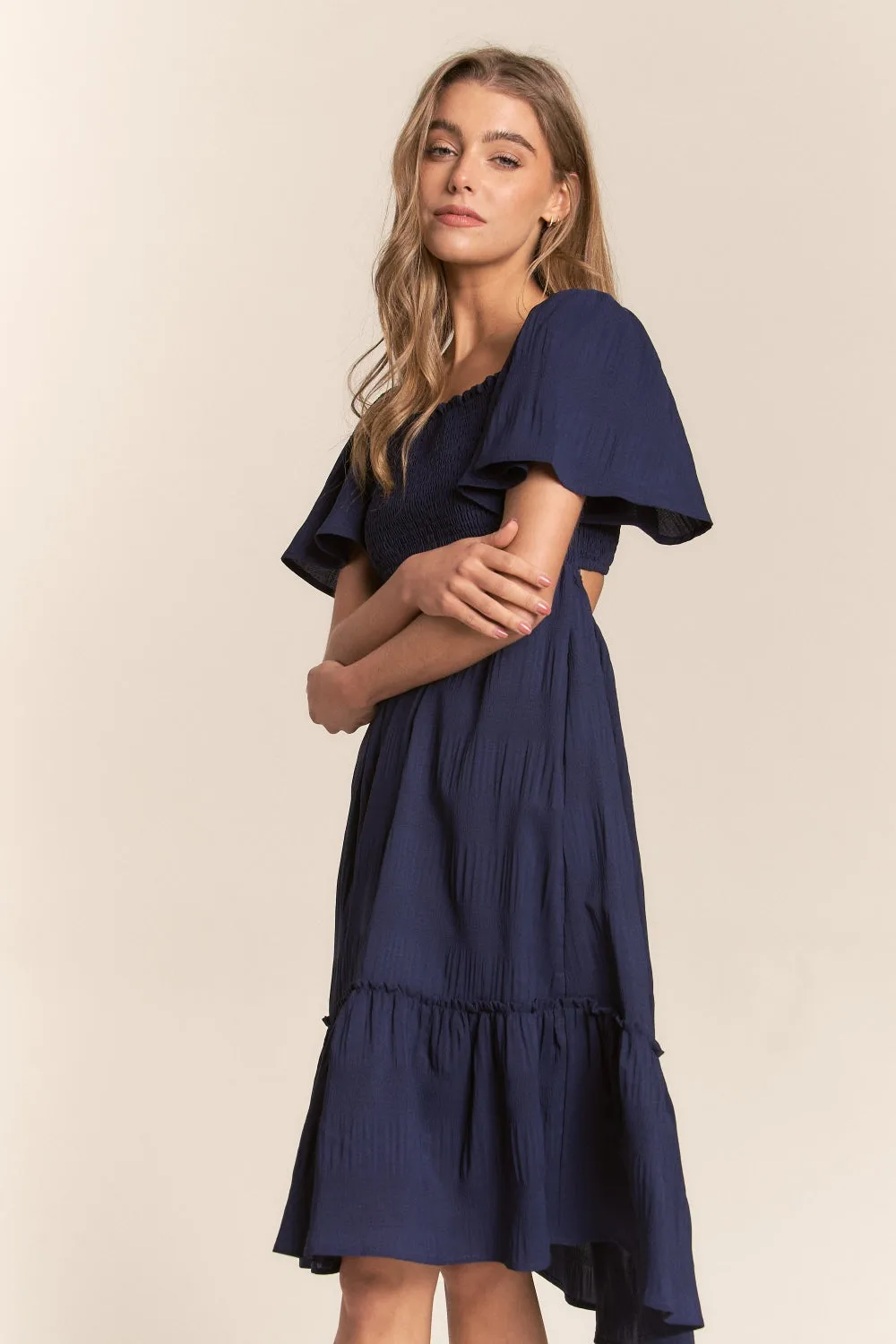 KESLEY Smocked Bow Back Ruffle Hem Casual Short Sleeve Dress