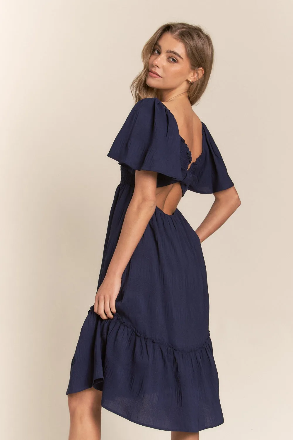 KESLEY Smocked Bow Back Ruffle Hem Casual Short Sleeve Dress