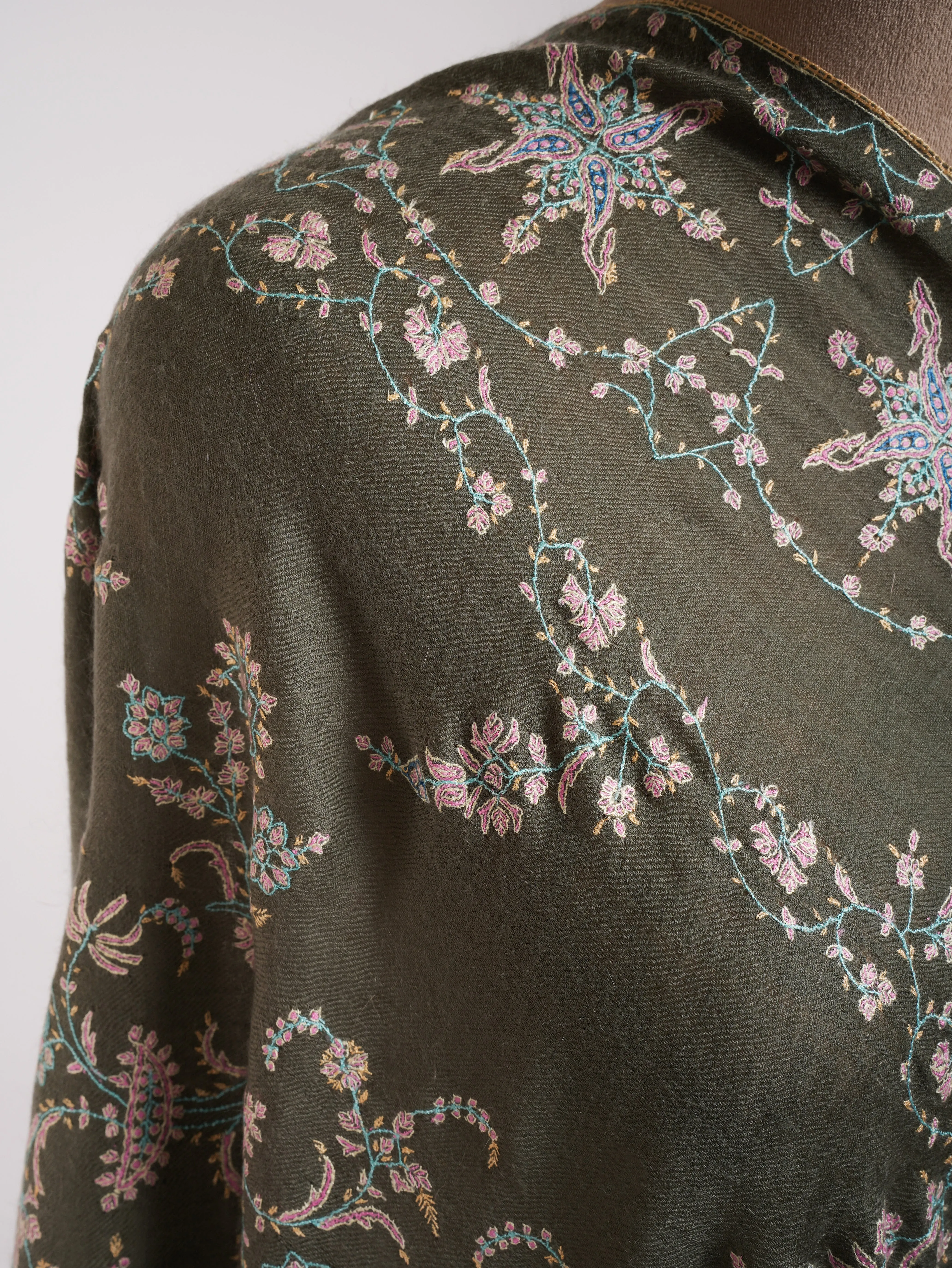 Khaki Green Cashmere Pashmina Sozni Embroidery Kashmiri Wrap