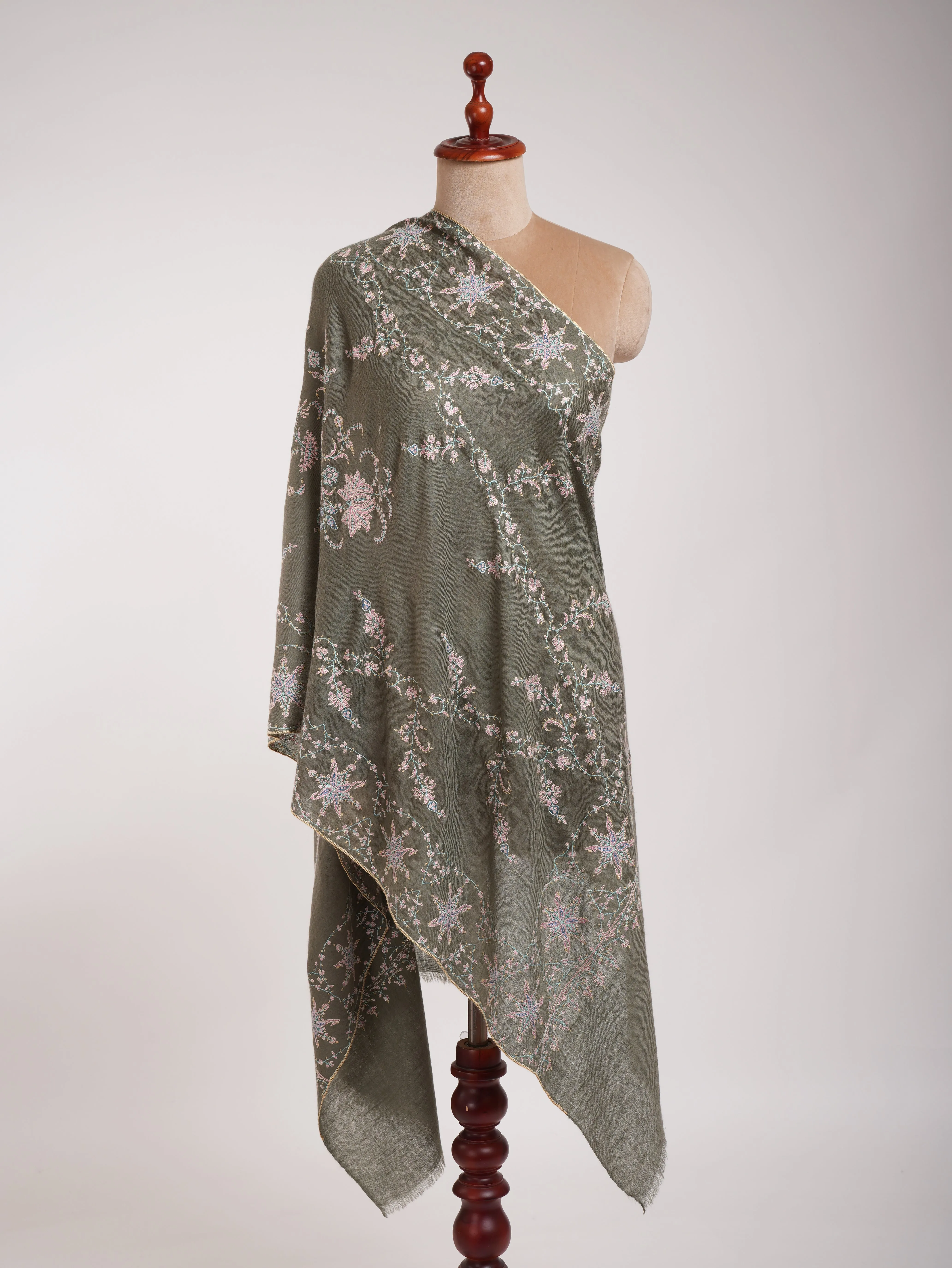 Khaki Green Cashmere Pashmina Sozni Embroidery Kashmiri Wrap
