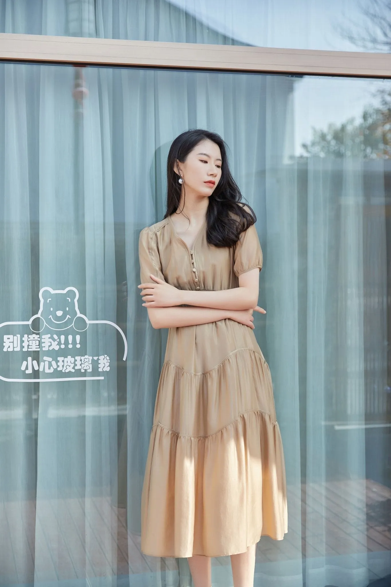 Khaki Grey Dress V Neck Puff Sleeve Waist