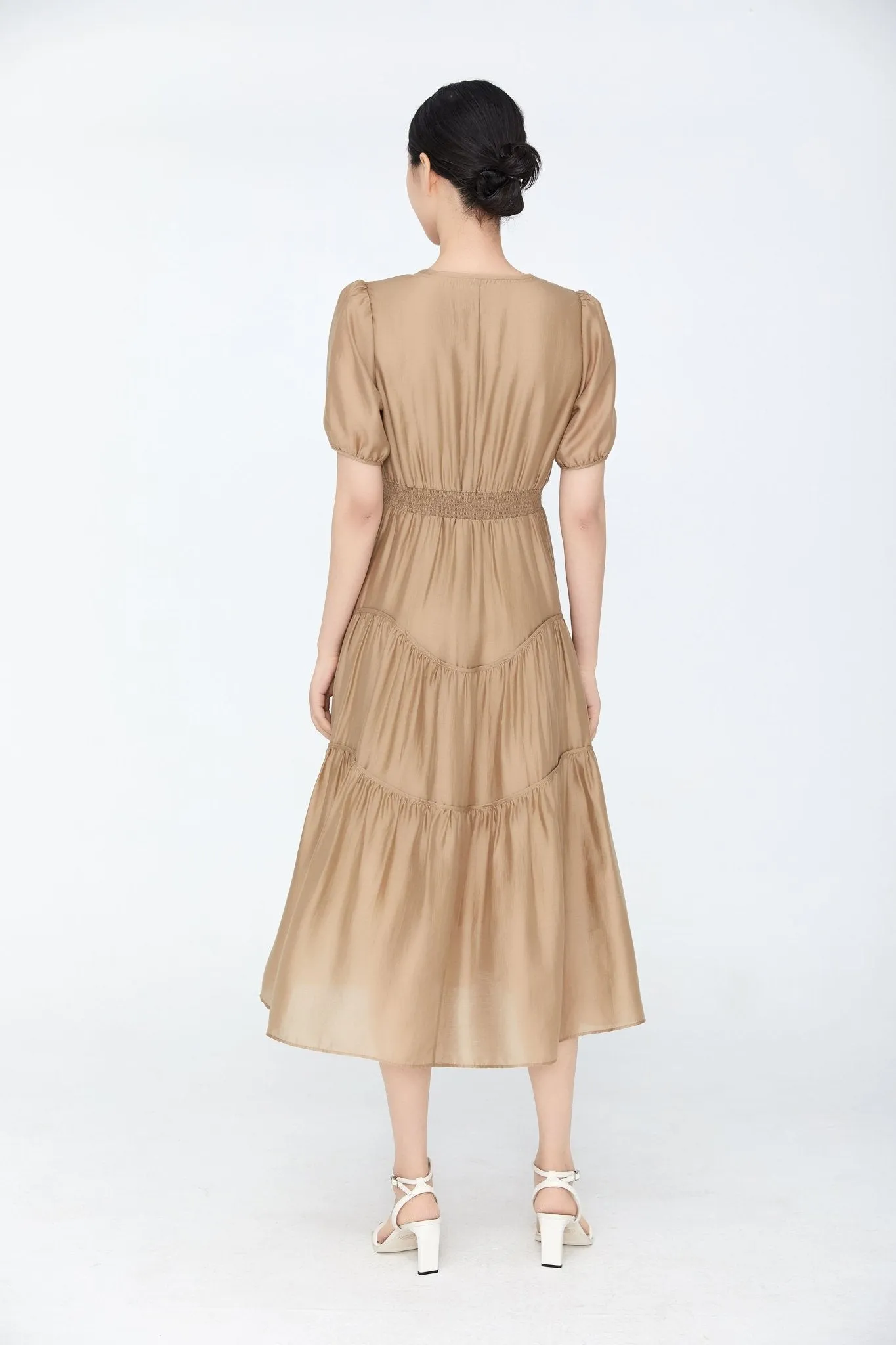Khaki Grey Dress V Neck Puff Sleeve Waist