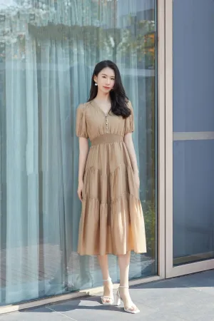 Khaki Grey Dress V Neck Puff Sleeve Waist