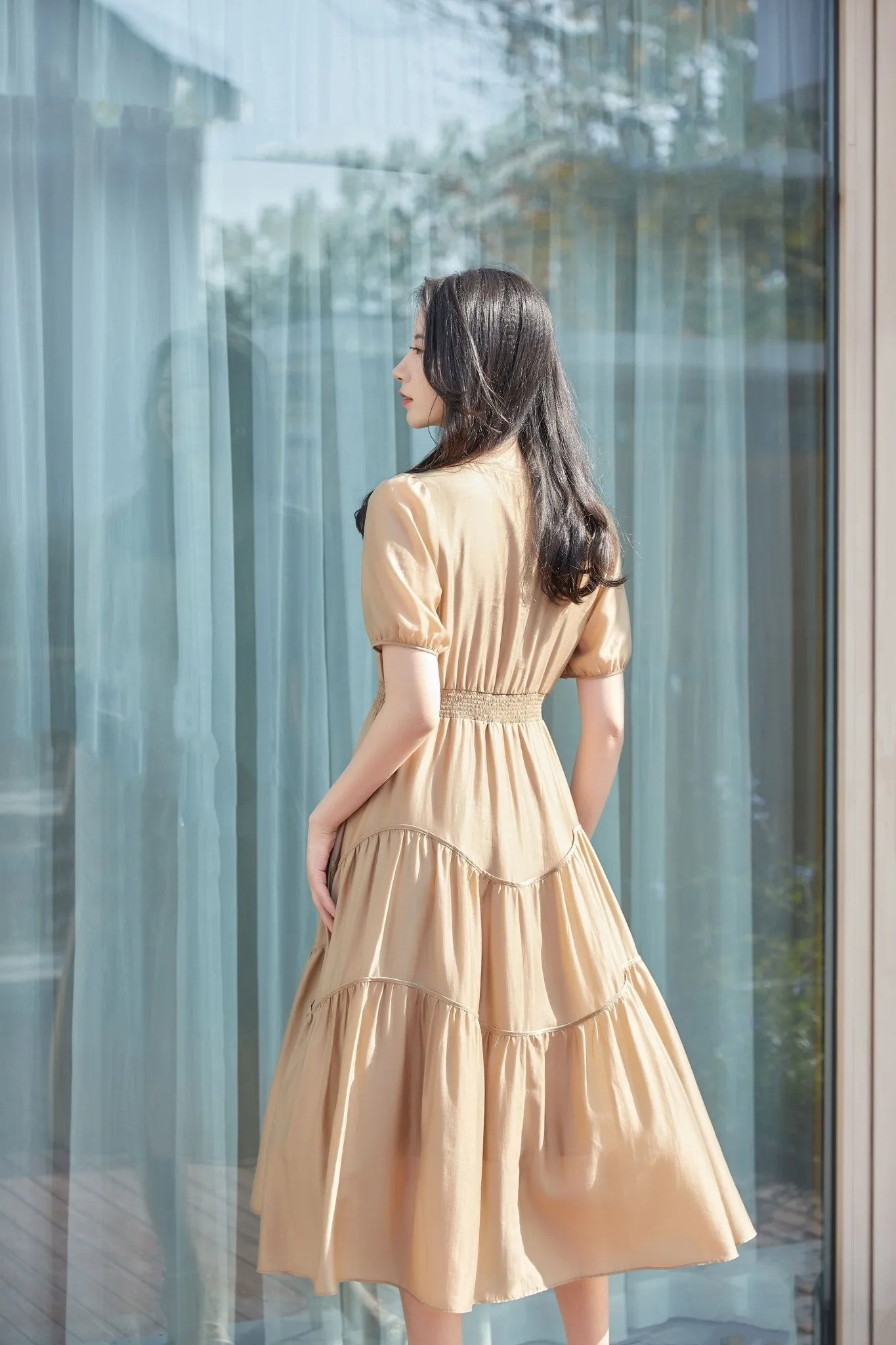 Khaki Grey Dress V Neck Puff Sleeve Waist