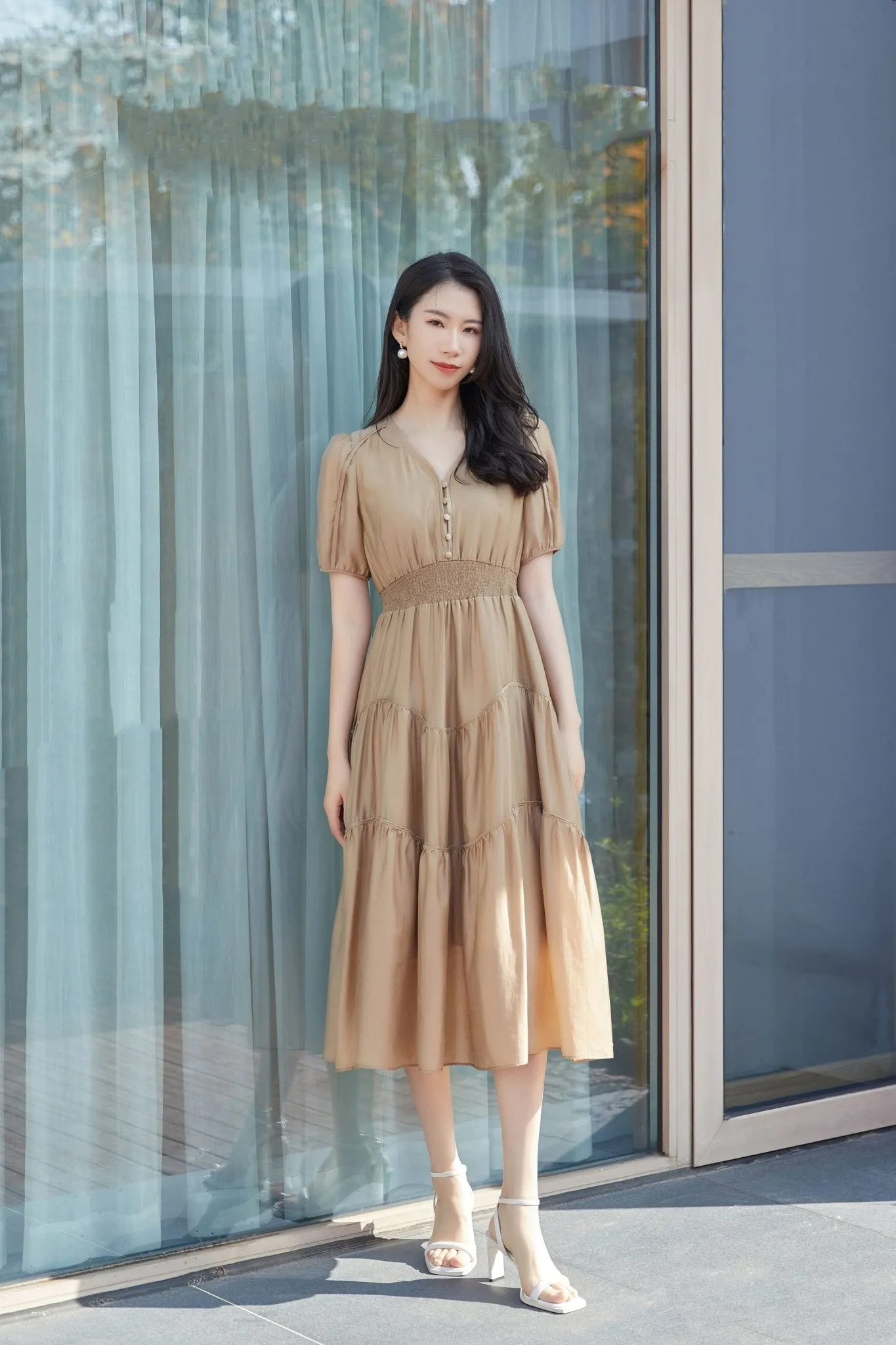 Khaki Grey Dress V Neck Puff Sleeve Waist