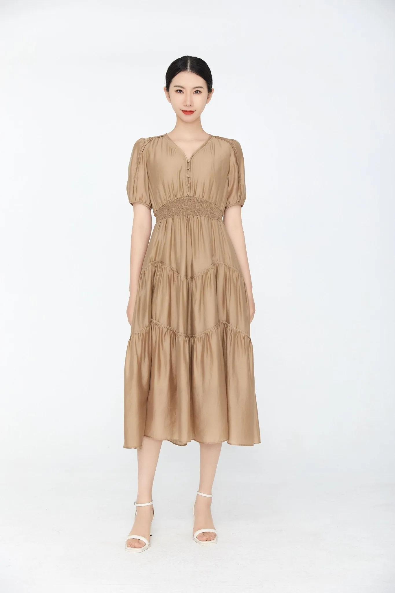 Khaki Grey Dress V Neck Puff Sleeve Waist