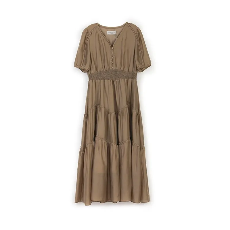 Khaki Grey Dress V Neck Puff Sleeve Waist