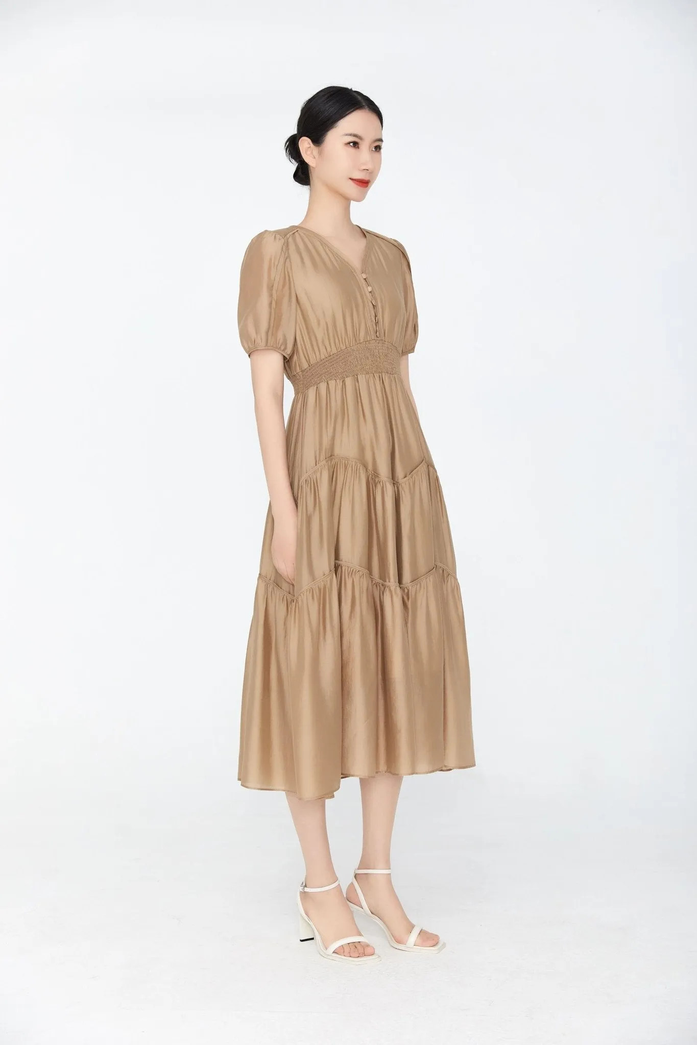 Khaki Grey Dress V Neck Puff Sleeve Waist