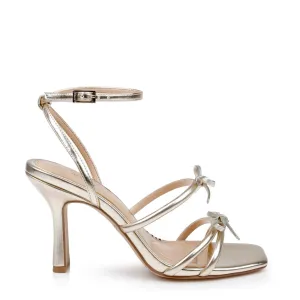 Kiyomi II - Metallic Block Stiletto Heel Sandals with Bow Straps - Light Gold
