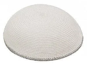 Knit Kippot - White with Silver Trim