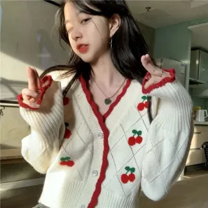 Knitted Cozy Autumnal Winter V-neck Floral Casual Long Sleeve Comfortable Loose Stylish Sweater