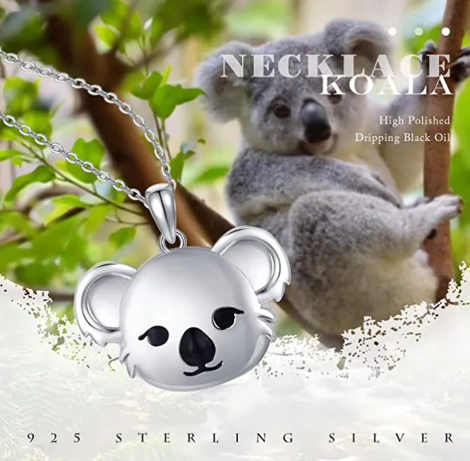 Koala Bear Locket Necklace Elephant Picture Pendant Heart Love Panda Bear Photo Jewelry Women Mother Wife Girl Gift 925 Sterling Silver Chain 18in.