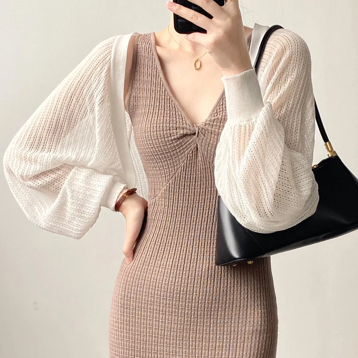 [Korean Style] 2 Colors Puff Sleeve Cropped Cardigan