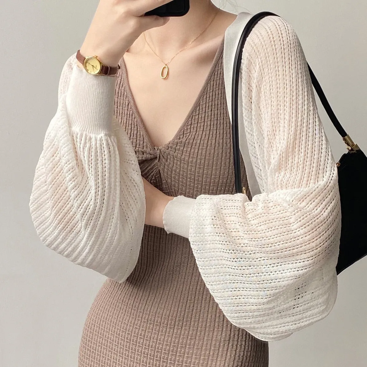[Korean Style] 2 Colors Puff Sleeve Cropped Cardigan