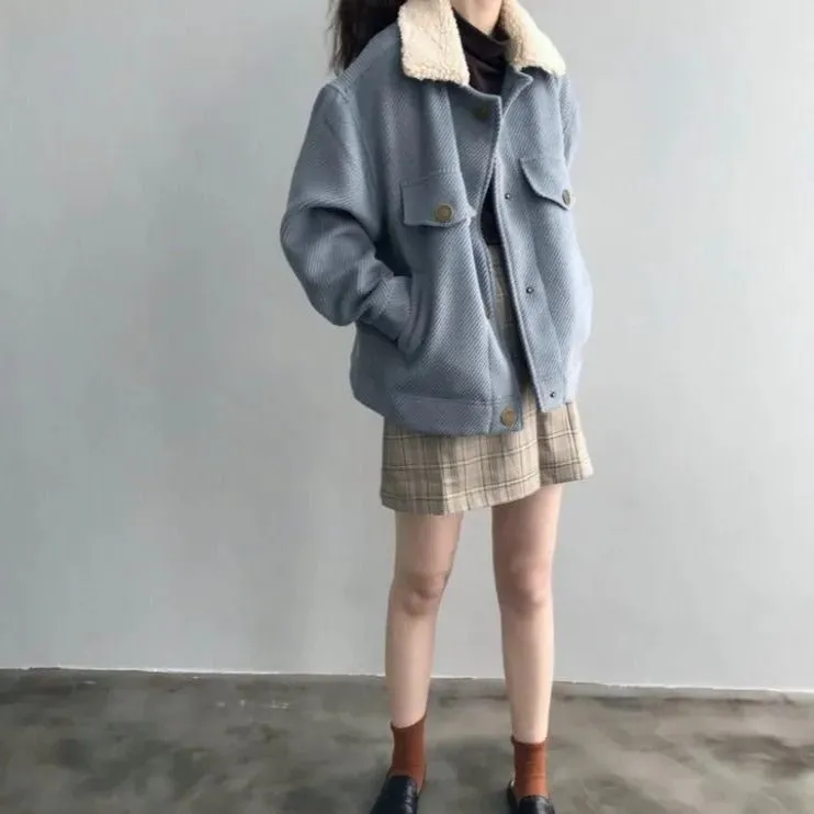 [Korean Style] Alleasa 4 Colors Fleece Collar Jacket