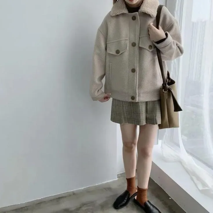 [Korean Style] Alleasa 4 Colors Fleece Collar Jacket