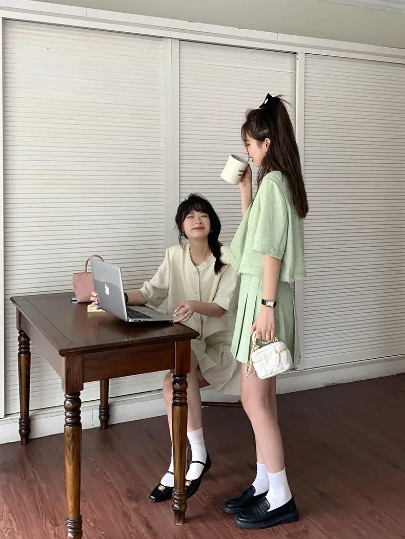[Korean Style] Co-ord Collarless Short Sleeve Tweed Jacket Pleated Skirt 2 pc Set