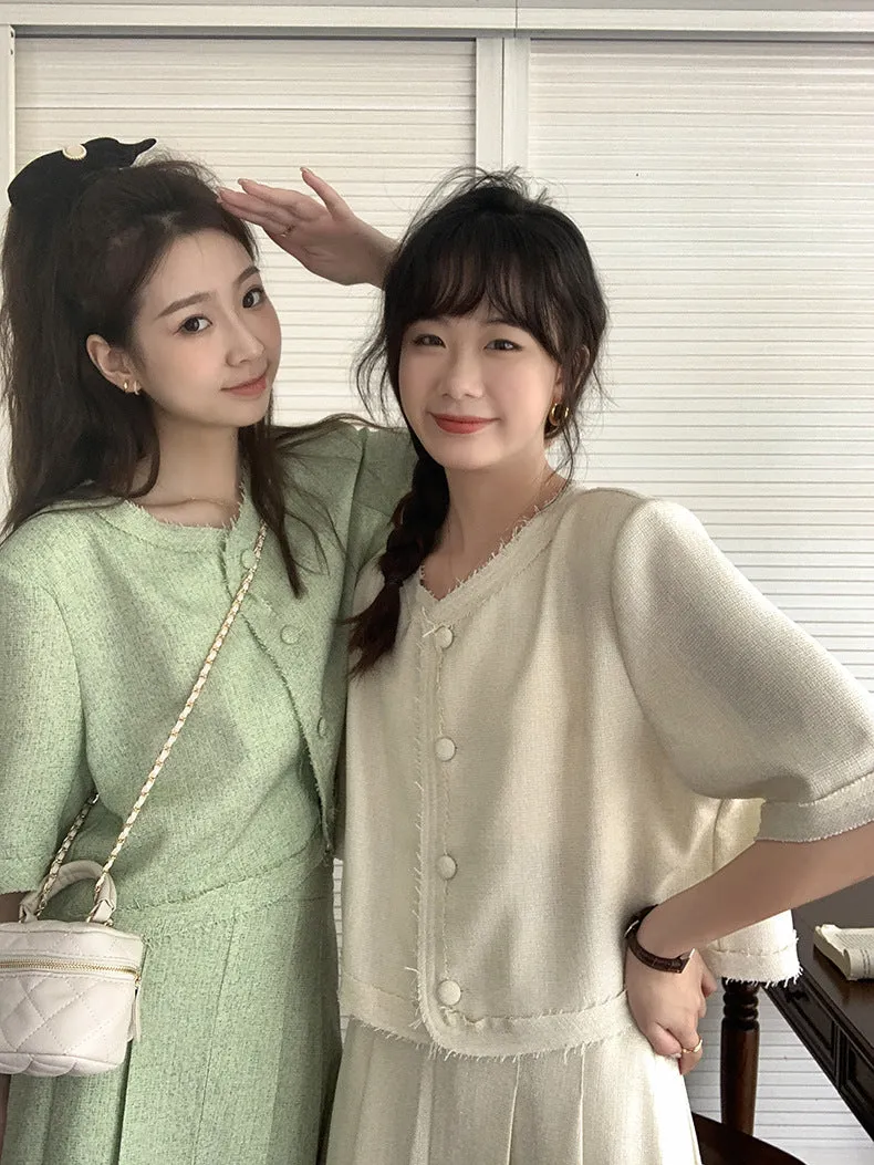 [Korean Style] Co-ord Collarless Short Sleeve Tweed Jacket Pleated Skirt 2 pc Set