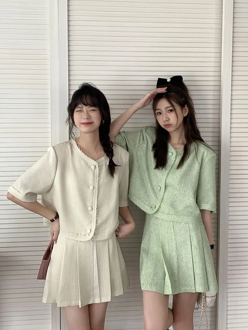 [Korean Style] Co-ord Collarless Short Sleeve Tweed Jacket Pleated Skirt 2 pc Set