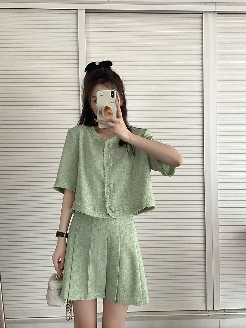 [Korean Style] Co-ord Collarless Short Sleeve Tweed Jacket Pleated Skirt 2 pc Set