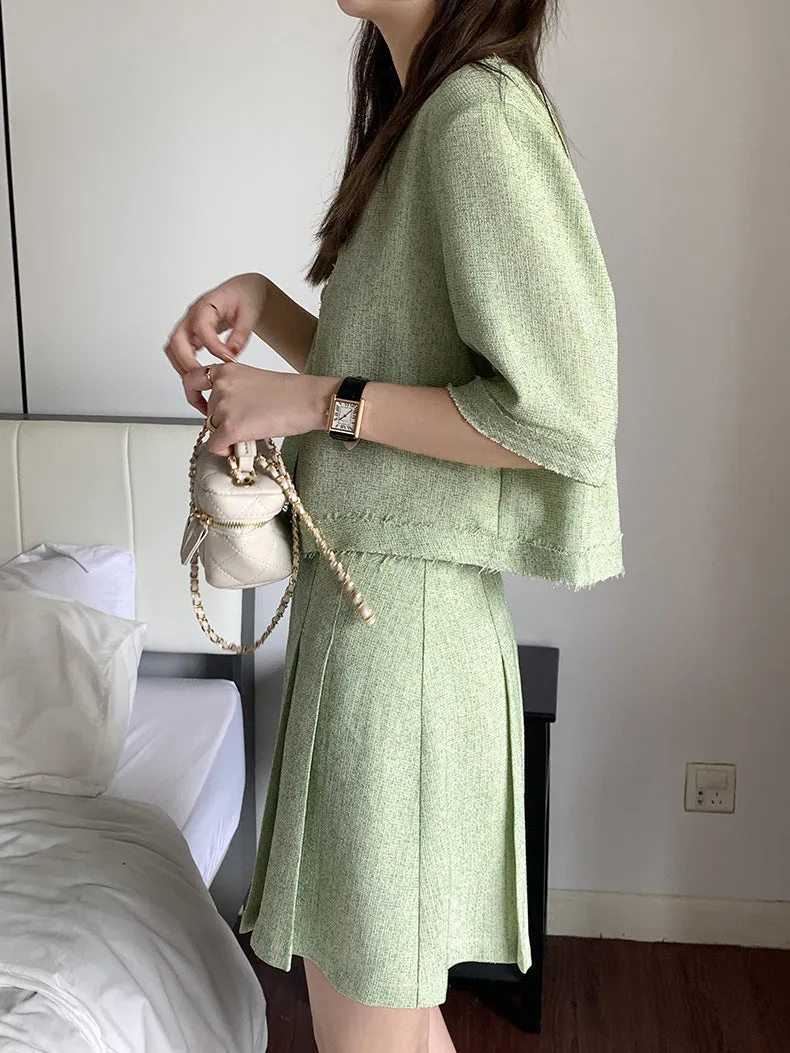 [Korean Style] Co-ord Collarless Short Sleeve Tweed Jacket Pleated Skirt 2 pc Set