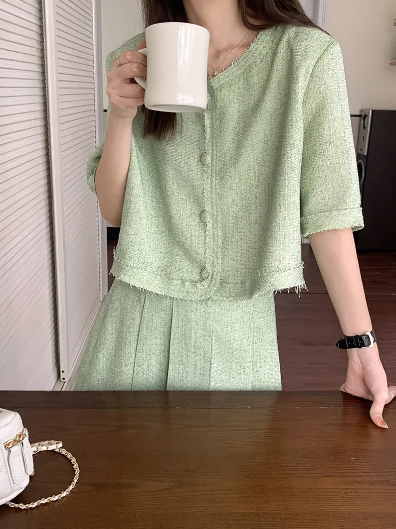 [Korean Style] Co-ord Collarless Short Sleeve Tweed Jacket Pleated Skirt 2 pc Set